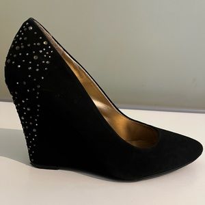 BCBGeneration Black Suede Wedges with Rhinestone Accents